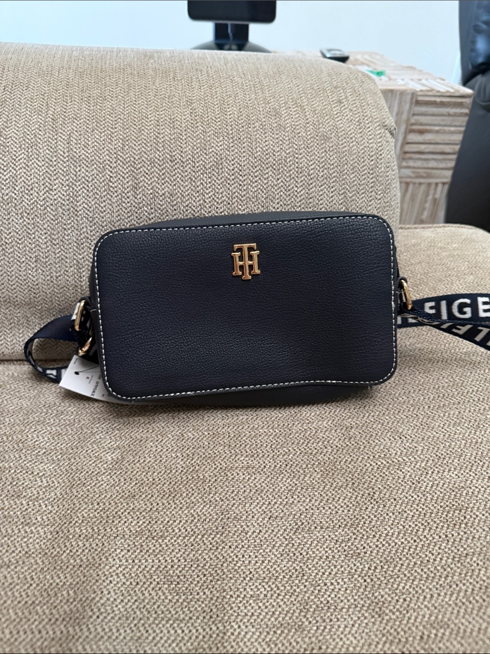 Tommy Hilfiger Navy Pebbled Crossbody Camera Bag with Gold Logo